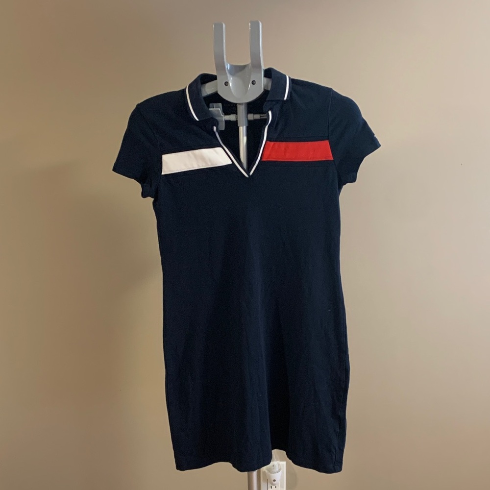 Vintage Tommy Hilfiger Women's Navy Polo Dress with Red & White Trim Size XS